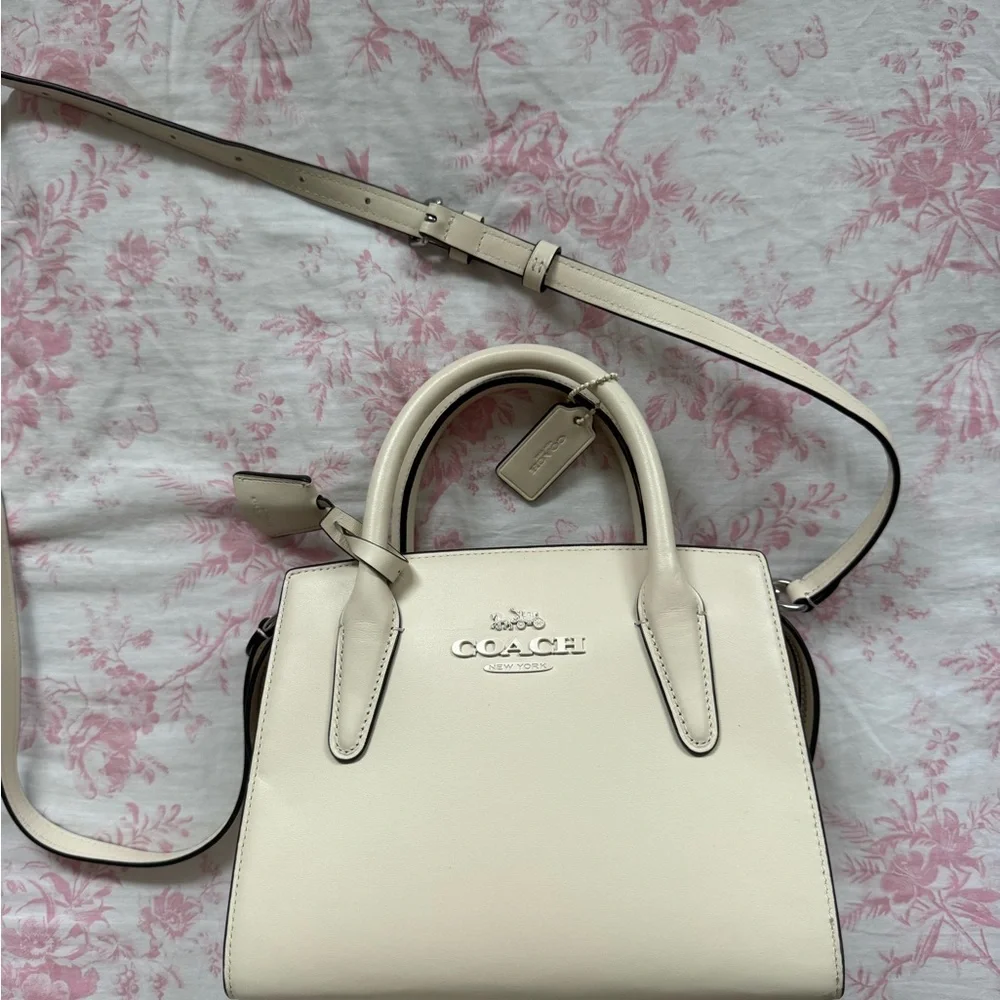 Coach Cream Leather Top-Handle Satchel with Crossbody Strap